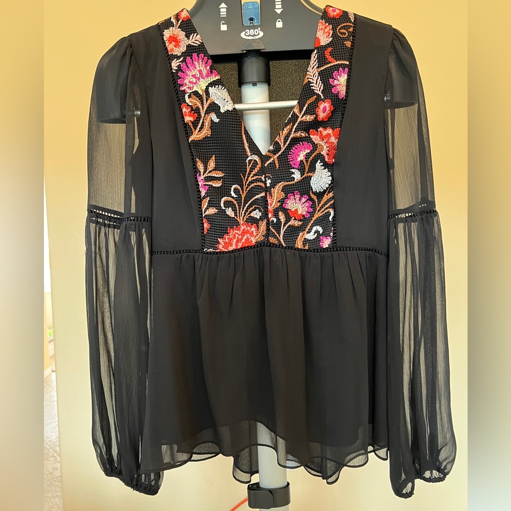 Sheer black blouse with embroidered details